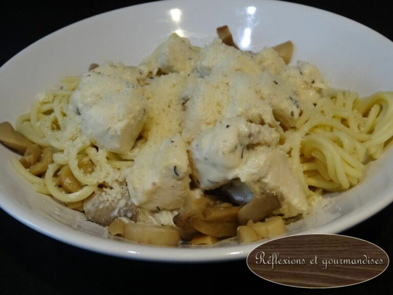 Spaghettis sauce poulet champignon et thym Réflexions et Gourmandises